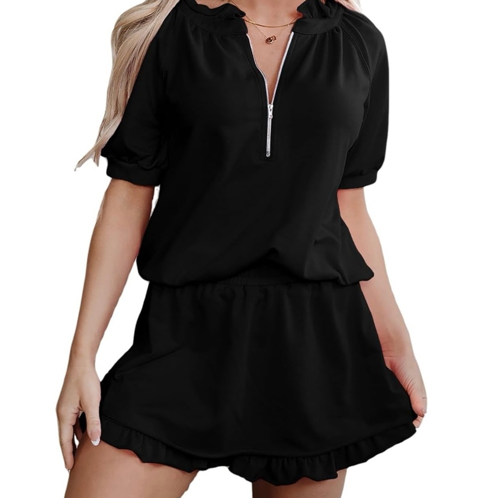 Black Ruffled Shorts and Half-Zip Shirt